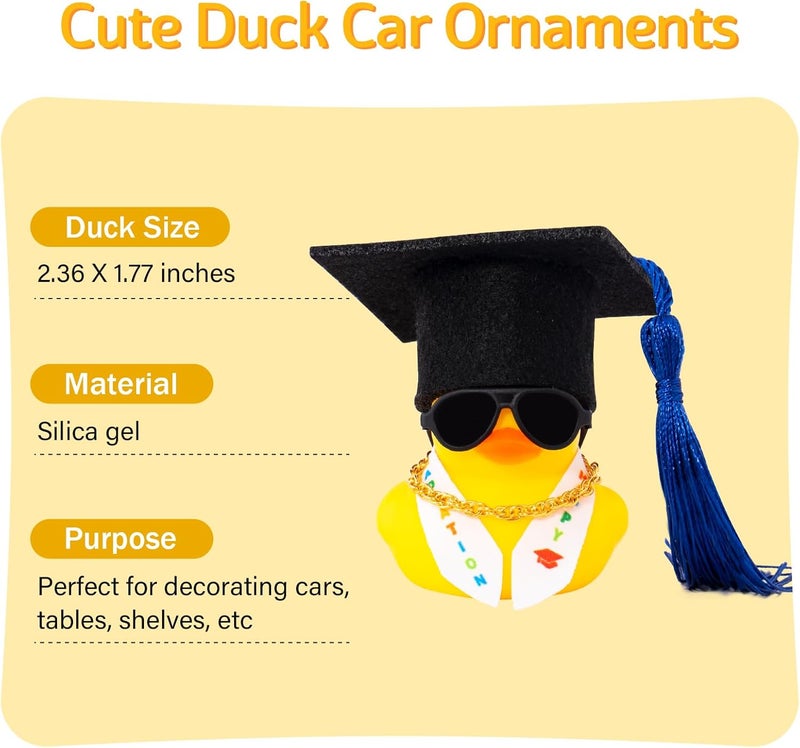 wonuu Graduation Stole Rubber Ducks, Dashboard Decorations Duck for Car Ornament Accessories with Hat Sunglasses Sash Chain (Dark Blue) - Image 2